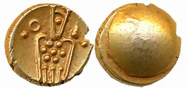 Vira Raya, Gold Fanam, 0.36g, Uniface, Crude representation of Goddess Kali on obverse. Ex