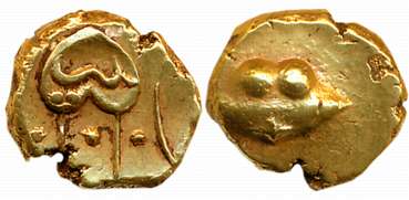 Gold Pagoda, 3.32g, Obv: Uncertain figure, popularly known as “Hudki (Boat)”, Arabic legen