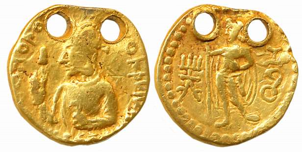 Kushans, Huvishka, Gold Dinar, 7.62g, Obv: Draped bust of the king to left, wearing helmet