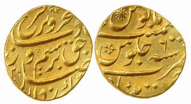Farrukhsiyar, Gold Mohur, 10.96g, Khujista Bunyad Mint, AH (11)29/ RY 6 (KM# 390.19). Extr