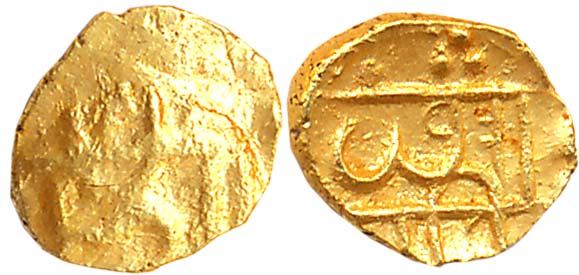 Chattrapati Sri Shivaji Maharaj, Gold 1/2 Fanam, 0.17g, Obv: “Sri Raja Shiva” in Devnagari
