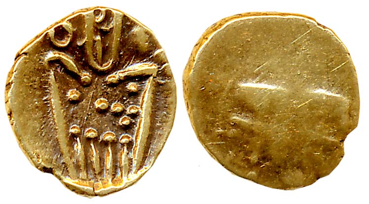 Gold Fanam, 0.36g, Obv: Goddess Kali, Rev: Rama Rao in Devnagari. Extremely fine.