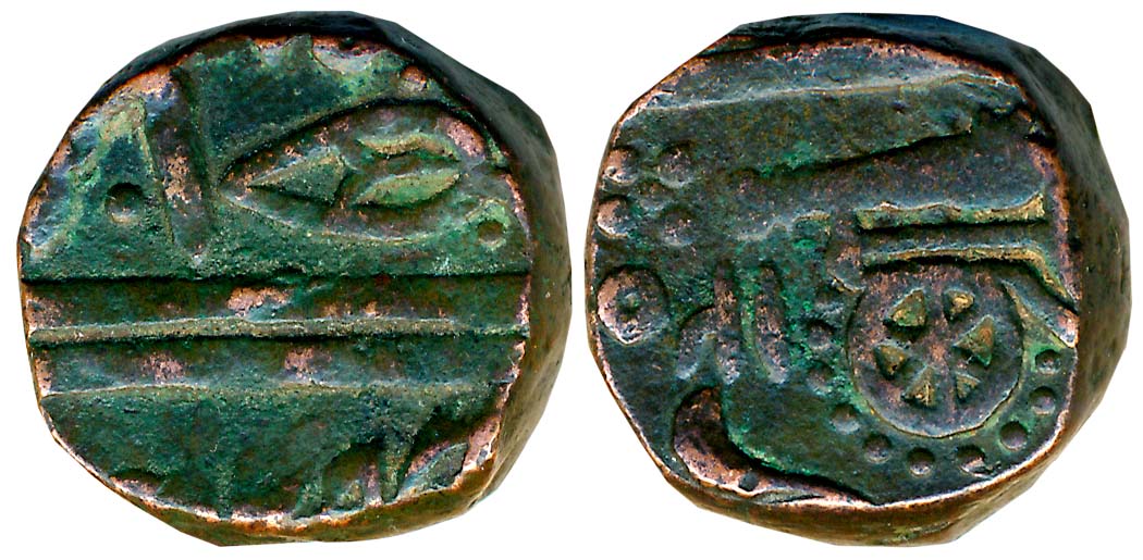 Copper 1/2 Anna, 19.91g, AH 125X, in the name of Shah Alam II, Obv: Bilva leaf, Rev: Canno