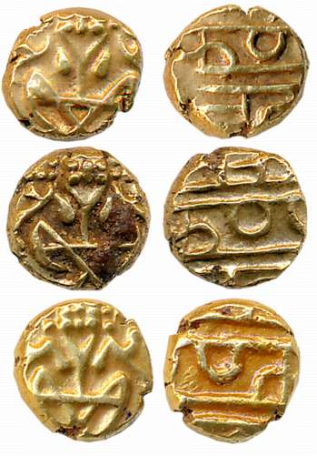 Gold Narsimha Fanams (3), 0.38g, 0.38g, 0.38g, Obv: Lord Narsimha, Rev: Legend (KM# C# 212