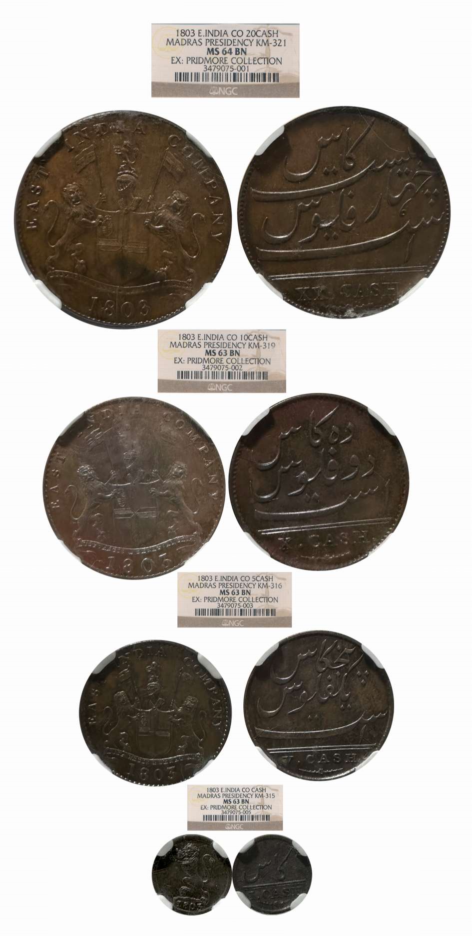 Copper (4), 20, 10, 5, Obv: Coat of arms of the EIC and date 1803, Rev: Value in English &