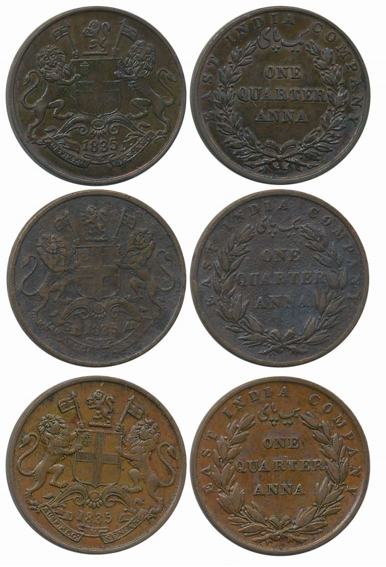 Copper 1/4 Anna (3), 1835, Madras Mint, 23 Berries (12 L+11 R), slanting top to numeral 1,