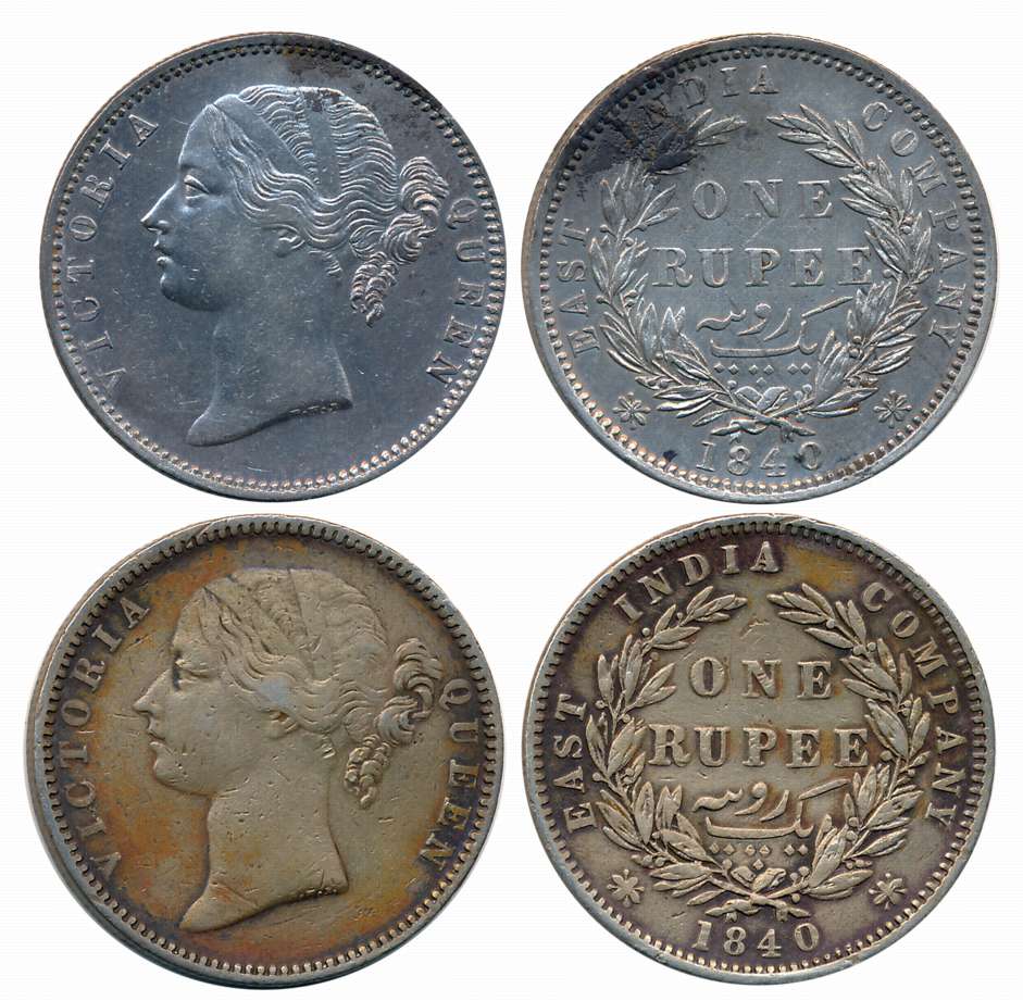 Victoria Queen, Silver Rupees (2), 1840, Divided legend, Madras Mint, WWB raised, No dot a