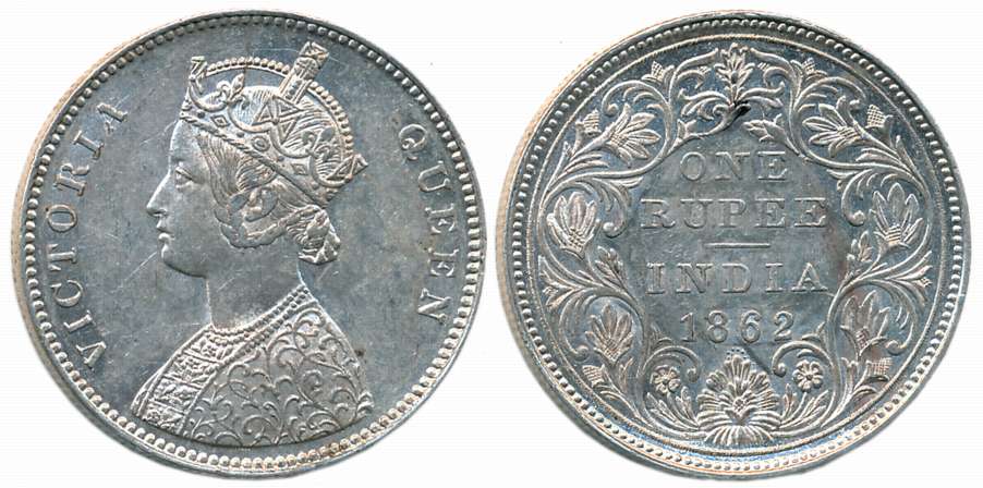 Victoria Queen, Silver Rupee, 1862, A/2/0/6, Obv: Crowned bust to left, Rev: Denomination 