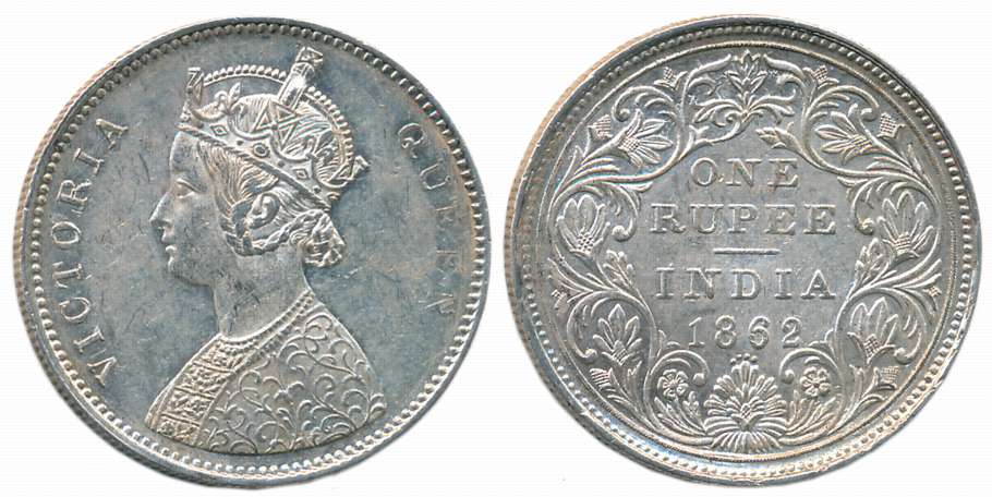 Victoria Queen, Silver Rupee, 1862, A/2/0/4, Reverse double struck, Obv: Crowned bust to l