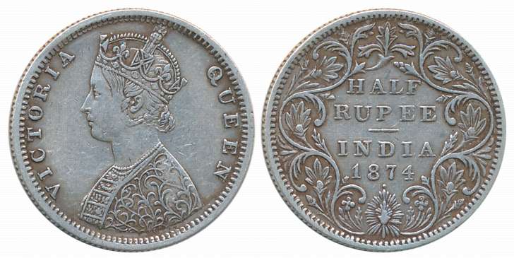 Victoria Queen, Silver 1/2 Rupee, 1874. Very fine+.