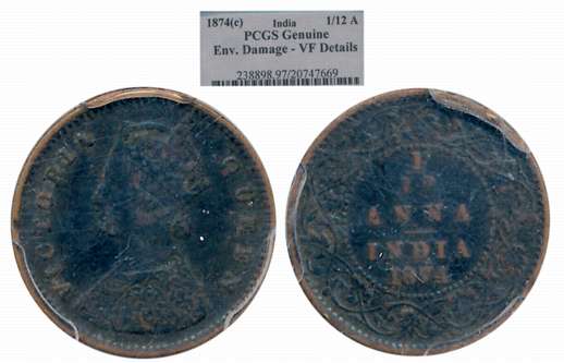Victoria Queen, Copper 1/12 Anna, 1874, Calcutta Mint. Slab & Graded by PCGS as VD Details