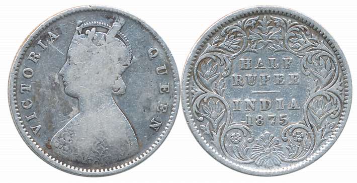 Victoria Queen, Silver 1/2 Rupee, 1875. Fine+.