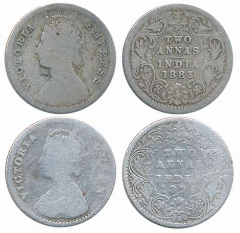 Victoria Empress, Silver 2 Annas (2), 1876, 1883. Fine. 2 coins.