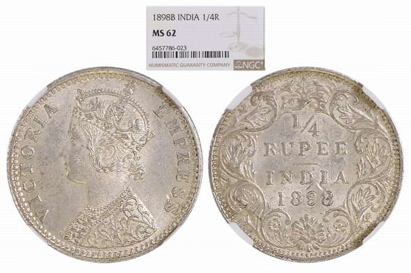 Victoria Empress, Silver 1/4 Rupee, 1898, Bombay Mint. Slab & Graded by NGC as MS 62.