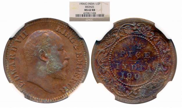Edward VII, Bronze 1/2 Pice, 1906, Calcutta Mint. Slab & Graded by NGC as MS 62 RB.