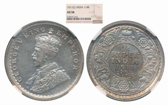 George V, Silver 1/4 Rupee, 1911, Calcutta Mint. Slab & Graded by NGC as AU 58.