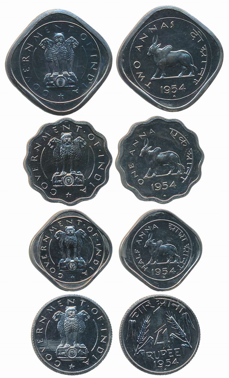 1954, Proof, Copper Nickel (4), 1/4 Anna, 2 Annas, 1 Anna & 1/2 Anna, Bombay Mint. Extreme