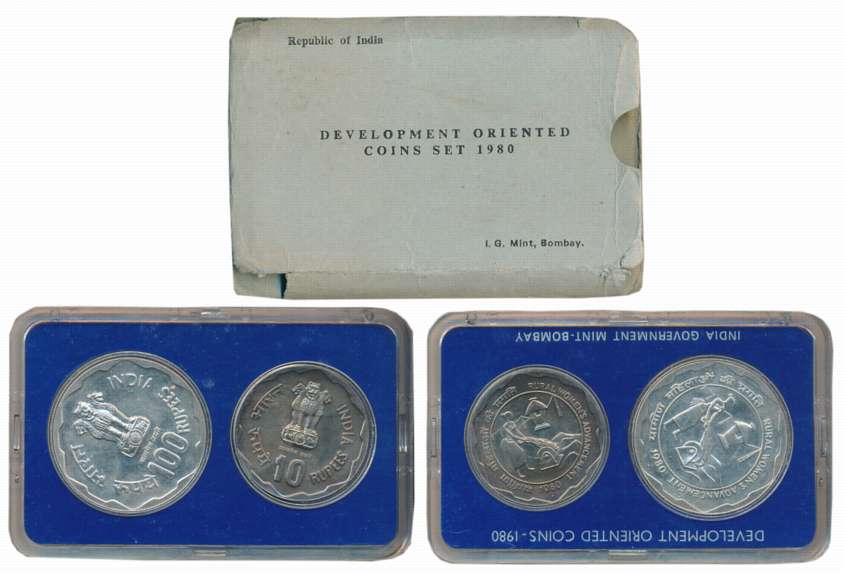 1980, Uncirculated Set of 2, Rupees 100 & 10, “Rural Women’s Advancement”, Bombay Mint (RB