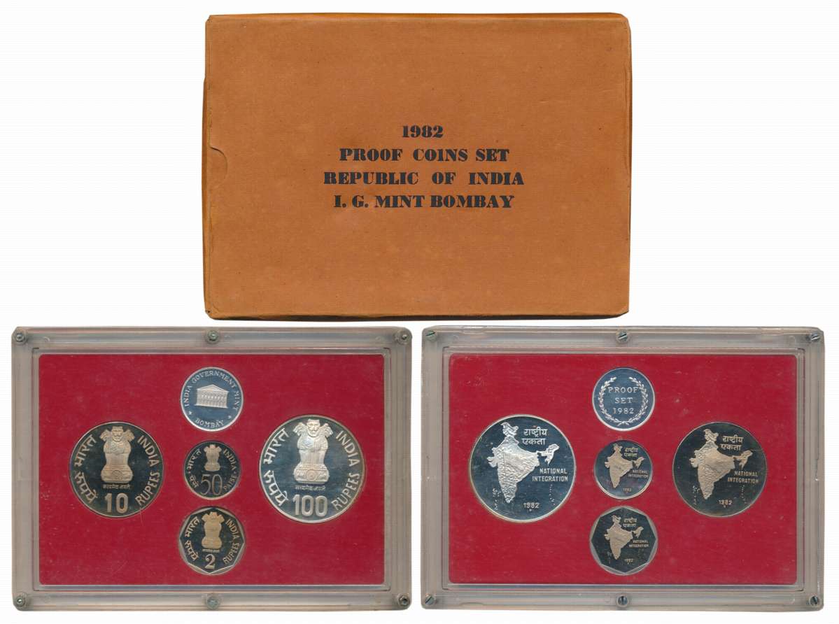 1982, Proof Set of 4, Rupees 100, 10, 2 & Paise 50, with mint emblem, “National Integratio