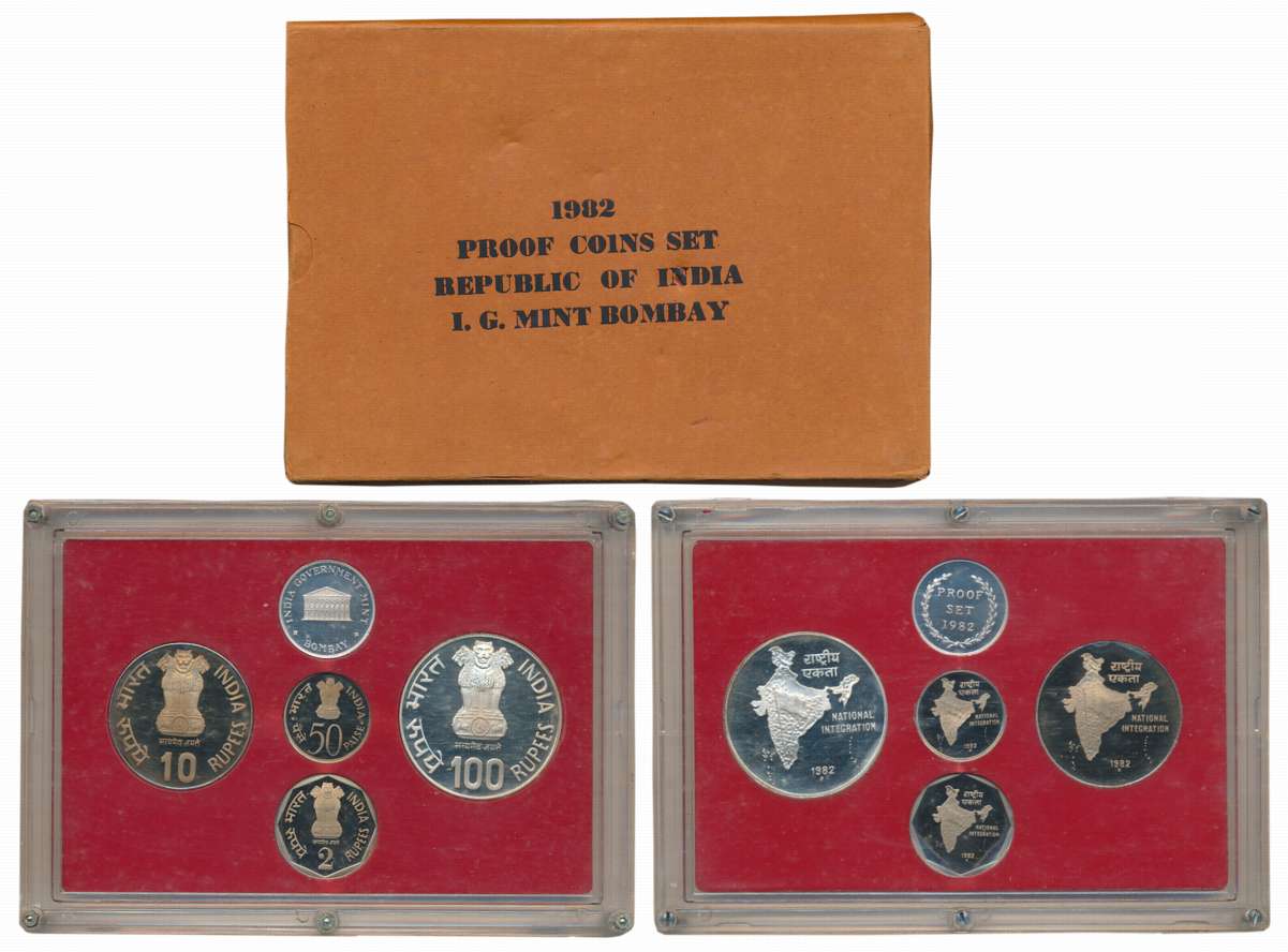 1982, Proof Set of 4, Rupees 100, 10, 2 & Paise 50, with mint emblem, “National Integratio