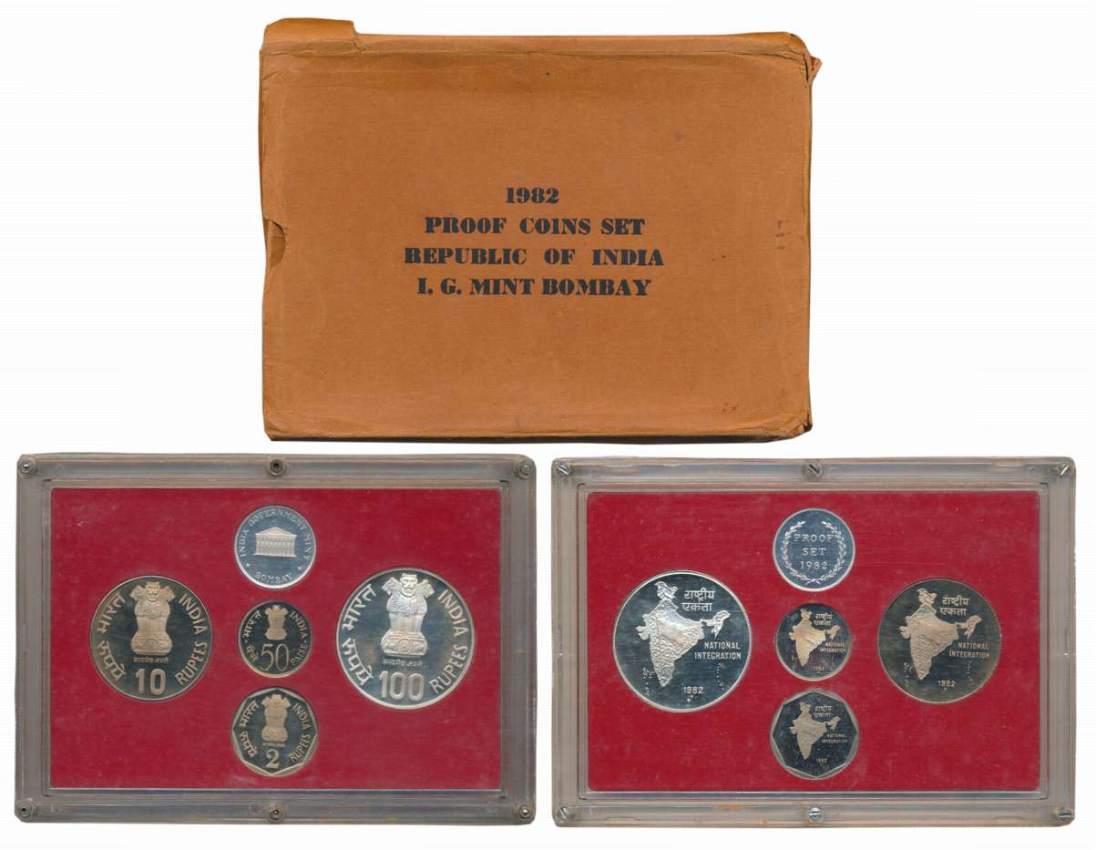 1982, Proof Set of 4, Rupees 100, 10, 2 & Paise 50, with mint emblem, “National Integratio