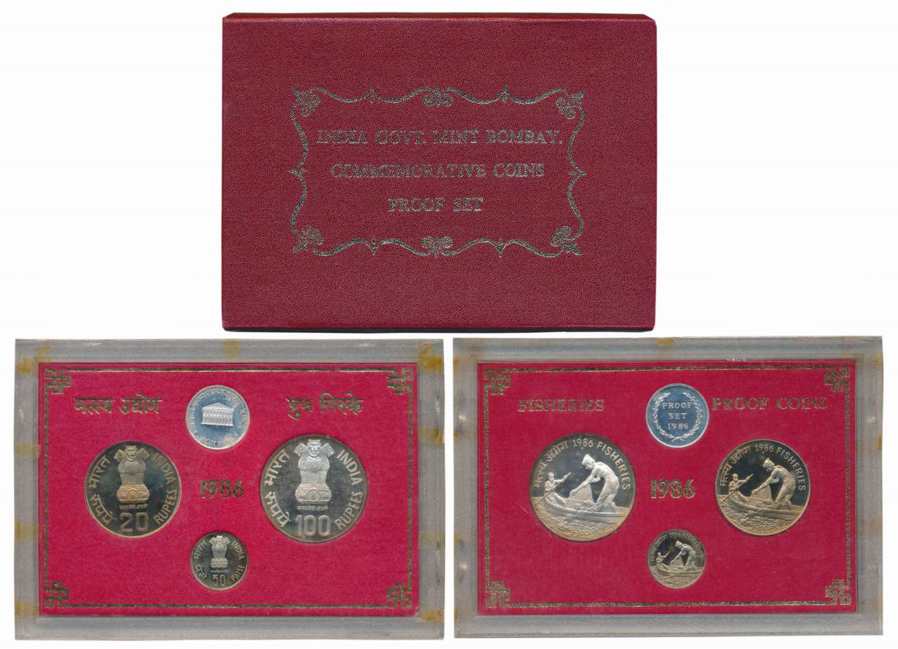 1986, Proof Set of 3, Rupees 100, 20, & Paise 50, with mint emblem, “Fisheries”, Bombay Mi