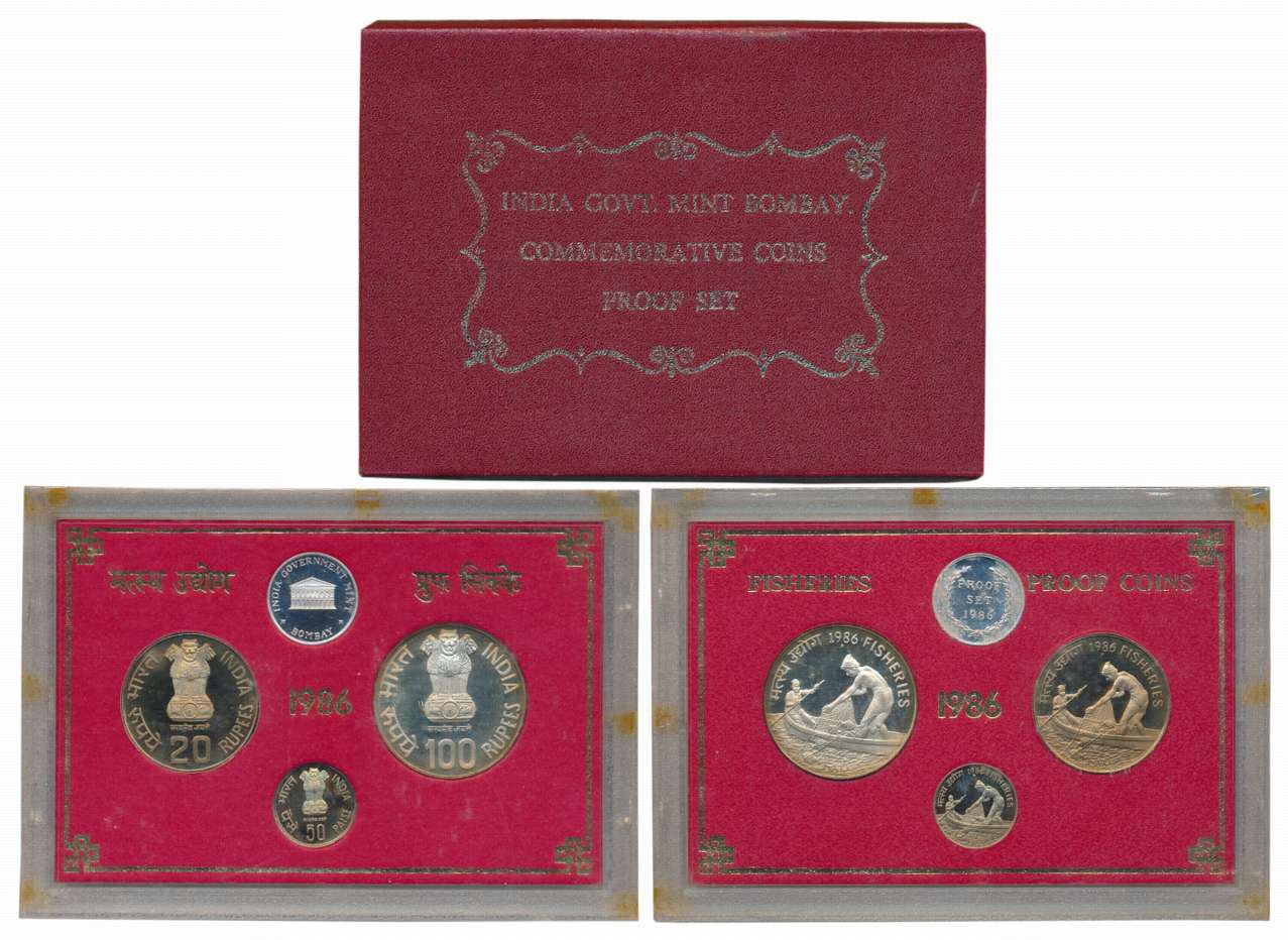 1986, Proof Set of 3, Rupees 100, 20, & Paise 50, with mint emblem, “Fisheries”, Bombay Mi