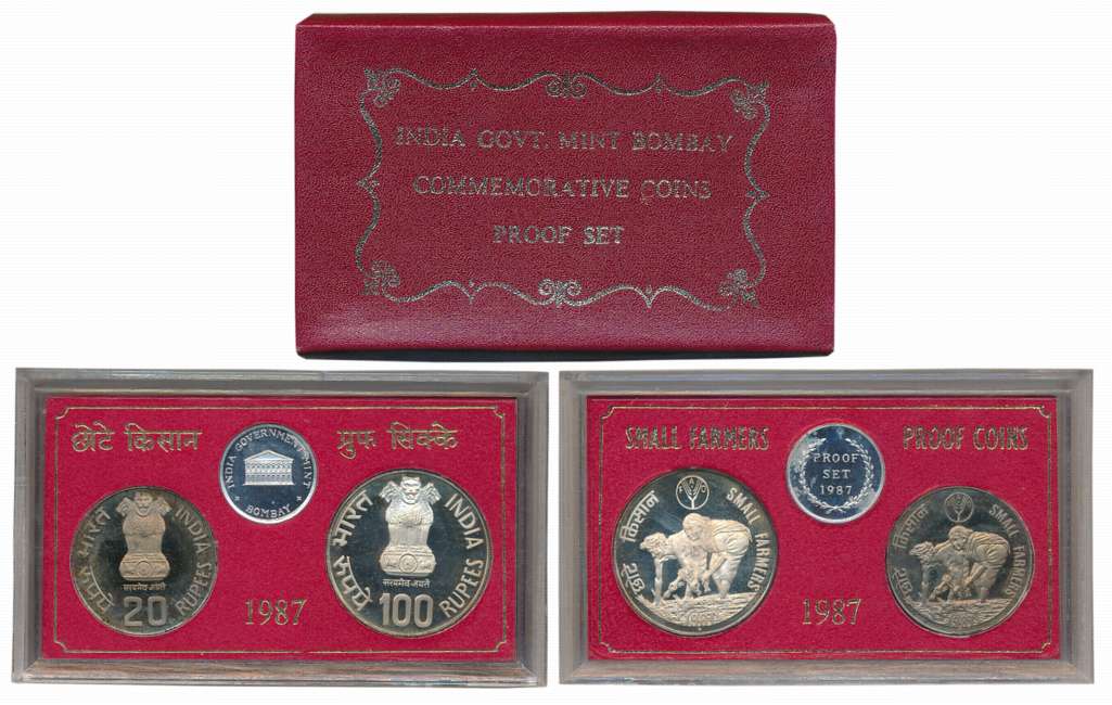 1987, Proof Set of 2, Rupees 100 & 20, “Small Farmers”, Bombay Mint (RB# 128). In acrylic 