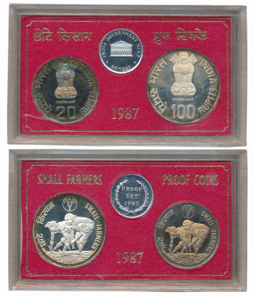 1987, Proof Set of 2, Rupees 100 & 20, “Small Farmers”, Bombay Mint (RB# 128). In acrylic 