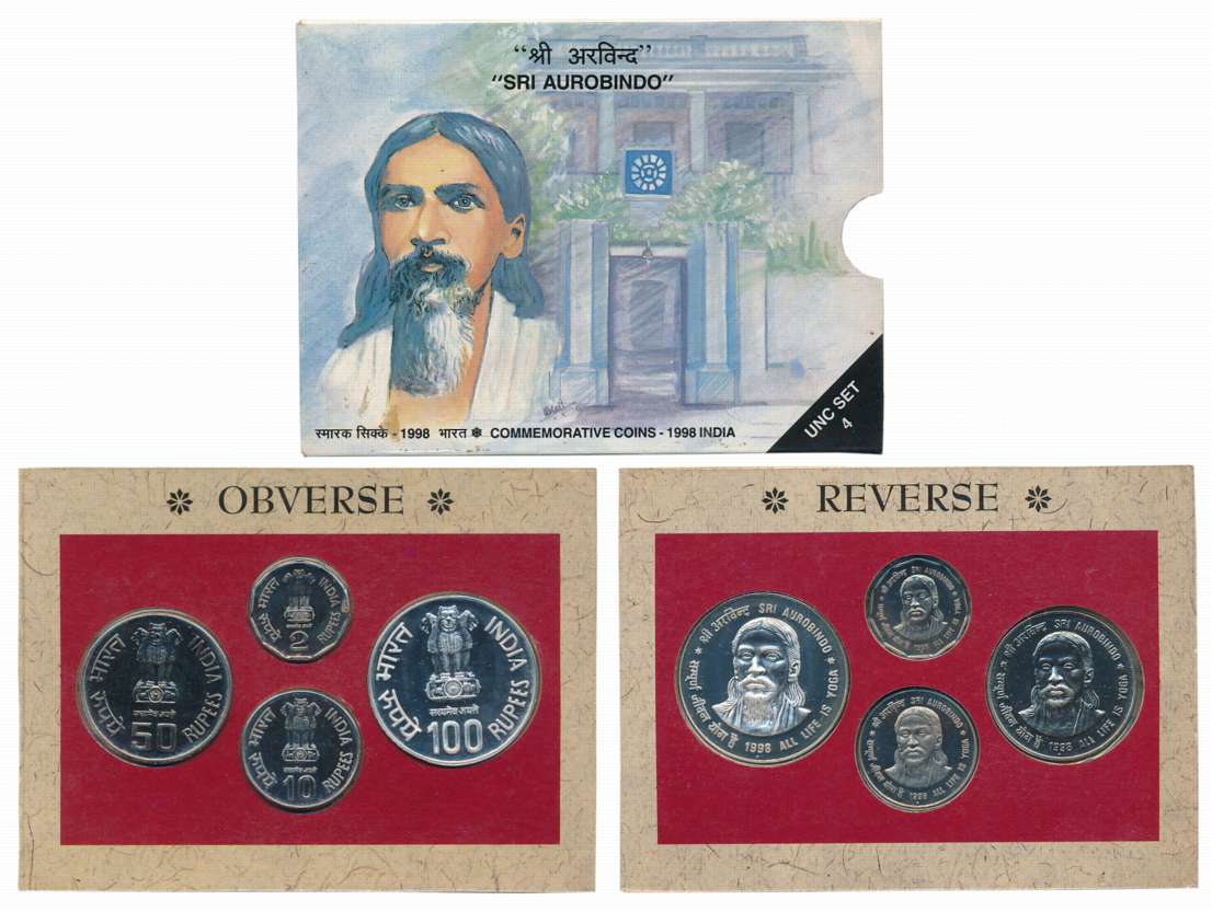 1998, Uncirculated Set of 4, Rupees 100, 50, 10 &amp; 2, “Sri Aurobindo- All Life is Yoga”