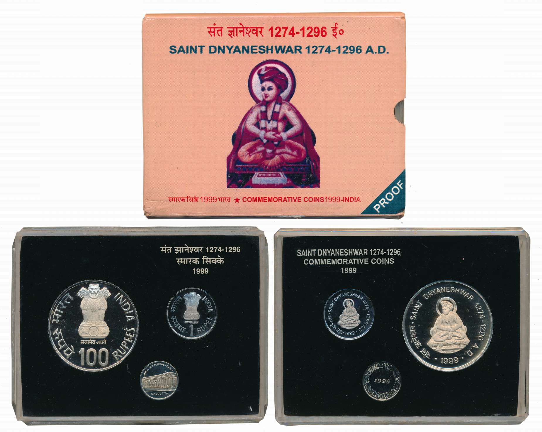 1999, Proof Set of 2, Rupees 100 & 1, “Saint Dnyaneshwar”, Kolkata Mint, with Mint emblem 