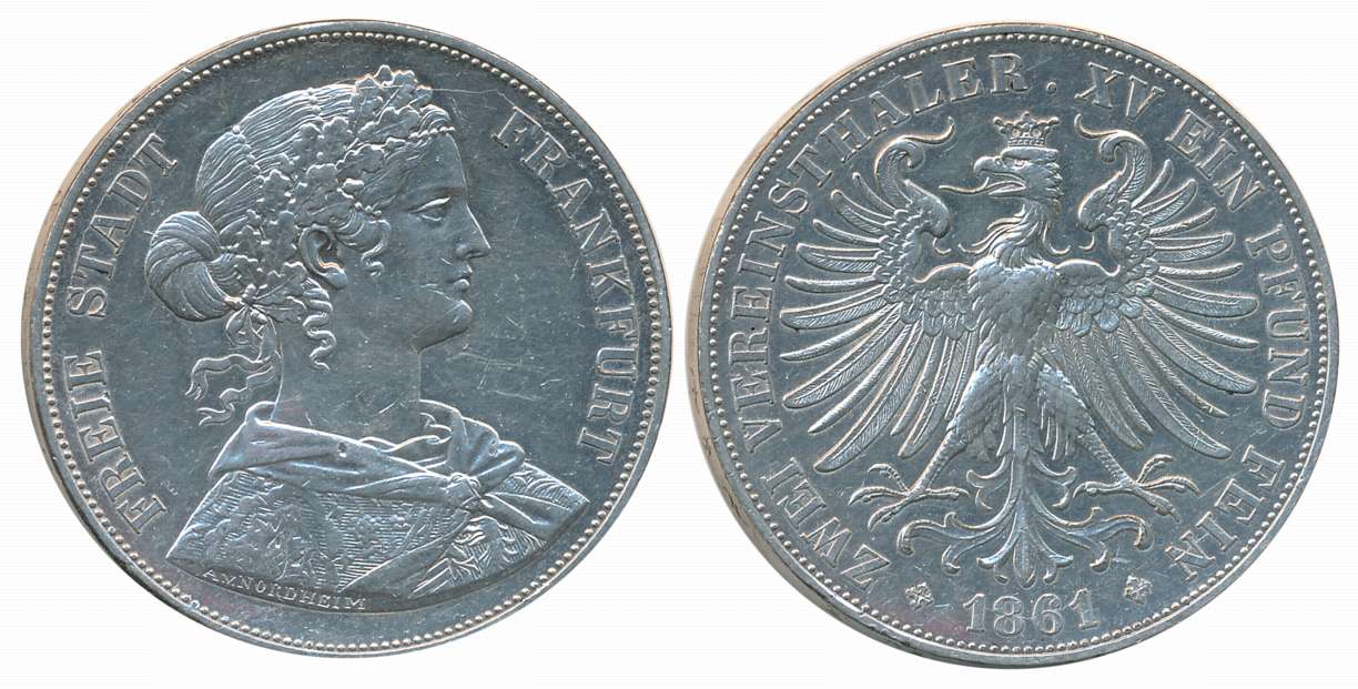 German States, Frankfurt, Silver, Double Thaler, 36.99g, 1861, Obv: Dressed and draped bus