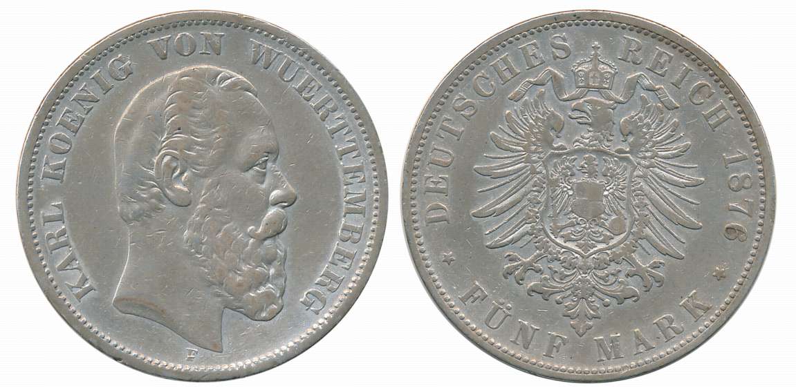 German States, Wurttemberg, Charles I, Silver, 5 Mark, 27.42g, Stuttgart Mint, 1876, Obv: 