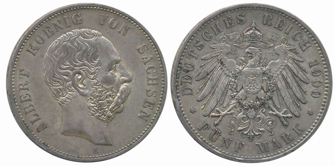 German States, Saxony, Silver, 5 Mark, 27.78g, Muldenhutten Mint, 1900 E, Obv: Bust of Alb