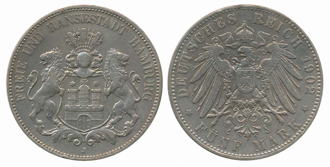 German States, Hamburg, Silver 5 Mark, 27.62g, 1902, Obv: Helmeted arms with lion supporte