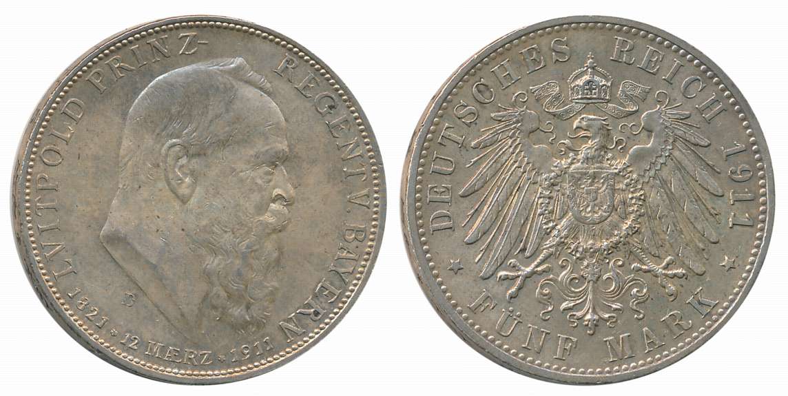 German States, Bavaria, Otto Prince Regent Luitpold, Silver, 5 Marks, 27.78, “To his 90th 