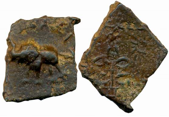 Satavahanas, Sri Satavhana, Copper, 6.47g, Obv: Elehant to left, Indradhvaja on left, lege