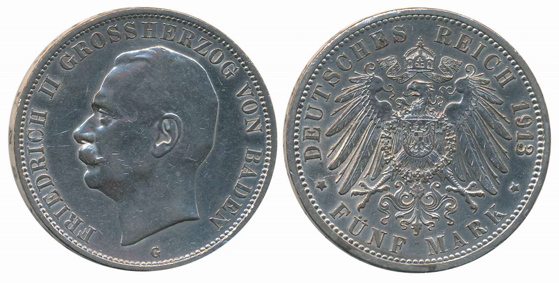 German States, Baden, Silver, 5 Mark, 27.88g, Karlsruhe Mint, 1913, Obv: Bust of King Frie