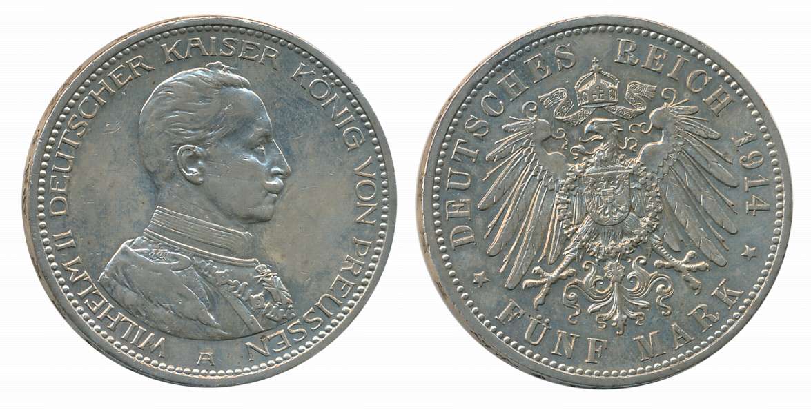 German States, Prussia, William II, Silver, 5 Marks, 27.73g, Berline Mint, 1914, Obv: Unif