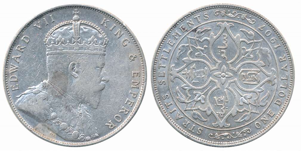 Straits Settlements, Silver Trade Dollar, 20.10g, Royal Mint London, 1907, Obv: Crowned bu