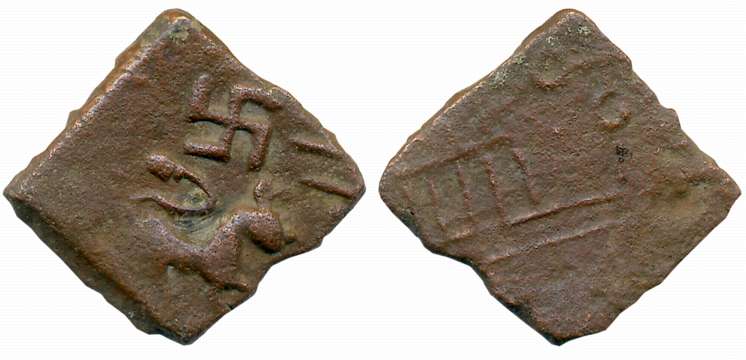 Satvahanas, Siri Satakarni, Nasik Region, Copper, 4.44g, Obv: Lion walking to right bold s