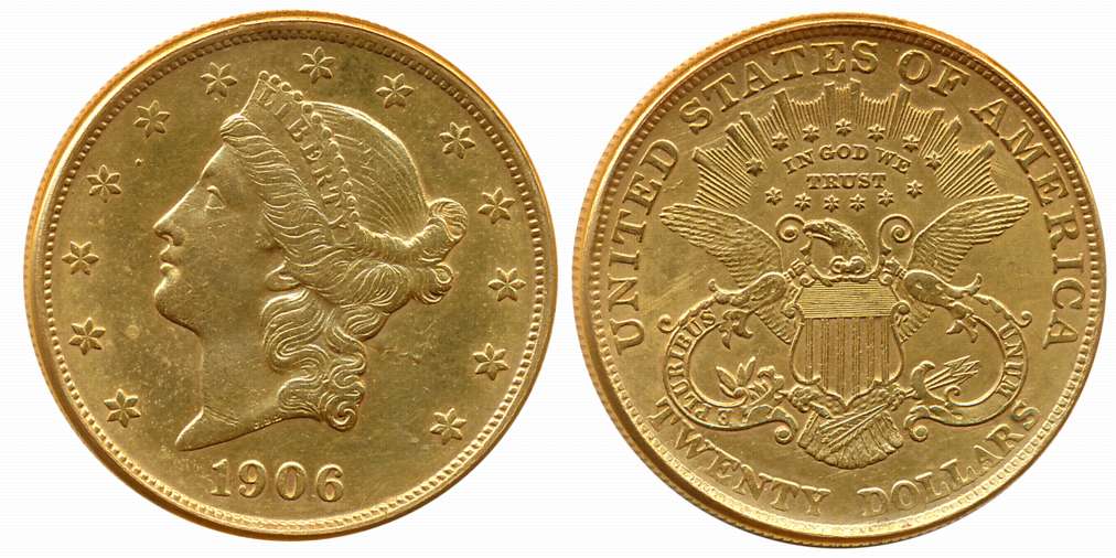 United States, Gold 20 Dollars, 33.27g, 1906, Obv: Liberty coronet head facing left, surro
