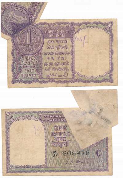 Rupee 1, “A-11”, Error- Extra Paper, 1957, Type 6.1.4, Signed by L. K. Jha, Prefix M/37, I