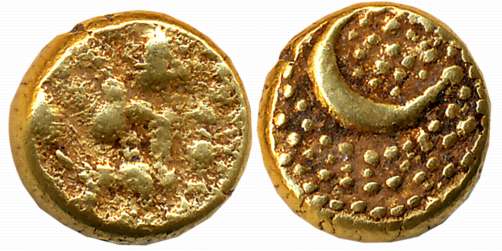 Haidar Ali, Gold 1/2 Pagoda, 1.70g, Obv: Lord Shiva Parvati seated, Rev: Persian letter “H