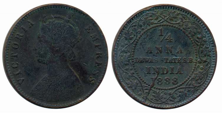 Narayan Rao, Copper 1/4 Anna, 1888, with the name of Victoria Queen, Obv: Crowned bust to 