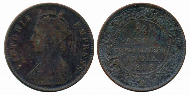 Narayan Rao, Copper 1/4 Anna, 1888, with the name of Victoria Queen, Obv: Crowned bust to 