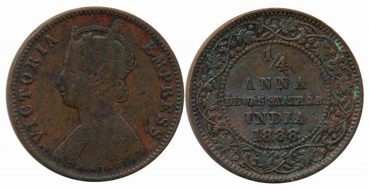 Narayan Rao, Copper 1/4 Anna, 1888, with the name of Victoria Queen, Obv: Crowned bust to 