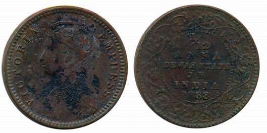 Narayan Rao, Copper 1/12 Anna, 1888, with the name of Victoria Queen, Obv: Crowned bust to