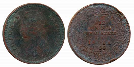 Narayan Rao, Copper 1/12 Anna, 1888, with the name of Victoria Queen, Obv: Crowned bust to