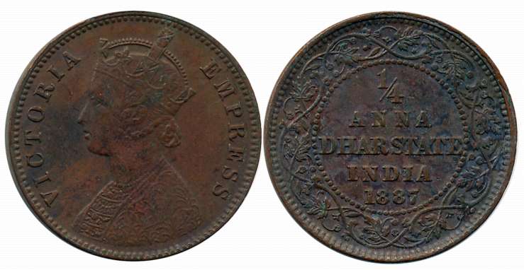 Jaswant Rao, Copper 1/4 Anna, 1887, with the name of Victoria Queen, Obv: Crowned bust to 